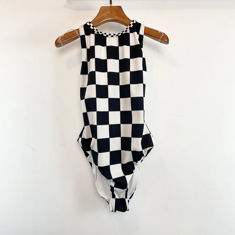 2023 Runway Black White Checkered One piece Swimsuit Hand woven