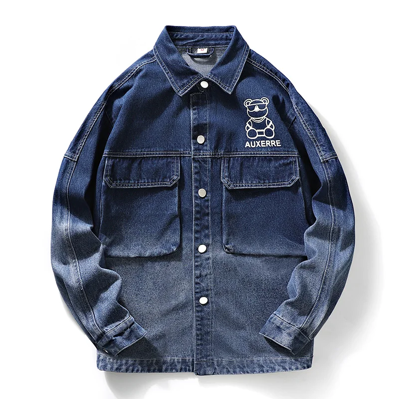 Men's Denim Shirt Cotton Jeans Shirt Printing Fashion Spring Slim Long Sleeve Cowboy Stylish Wash Slim Tops Asian Size 4X