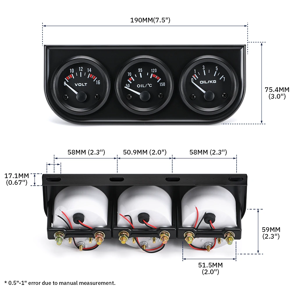 WarmCare Kit triple jauge d'huile/volt/jauge d'eau 5,1 cm Chrome  Température de l'huile Température de l'eau Jauge de pression d'huile  Capteur 3 en 1 Compteur de voiture Jauge automatique : : Auto