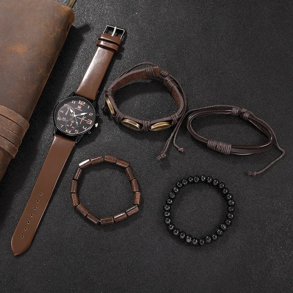 5PCS Set Fashion Mens Sports Bracelet Watches For Men Retro Big Dial Quartz Wrist Watch Classic Male Casual Brown Leather Watch - Image 2