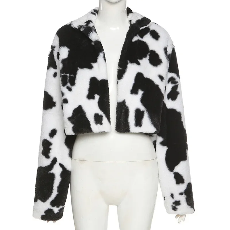2021 Winter New Fashion Cow Pattern Warm Plush Cardigan Color-blocking Long-sleeved Gothic Women's Punk Style Faux Fur Coat