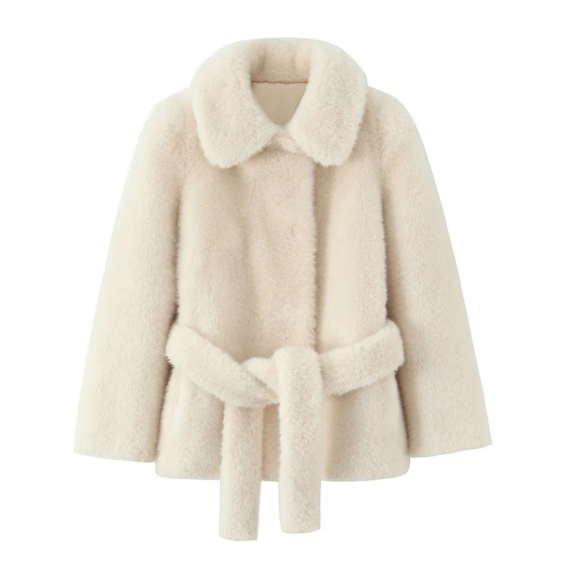 Luxury Solid Belted Faux Fur Coat Women Thick Warm Fluffy Plush Jacket Chic Ladies Street Fashion Winter Overcoats Outfits