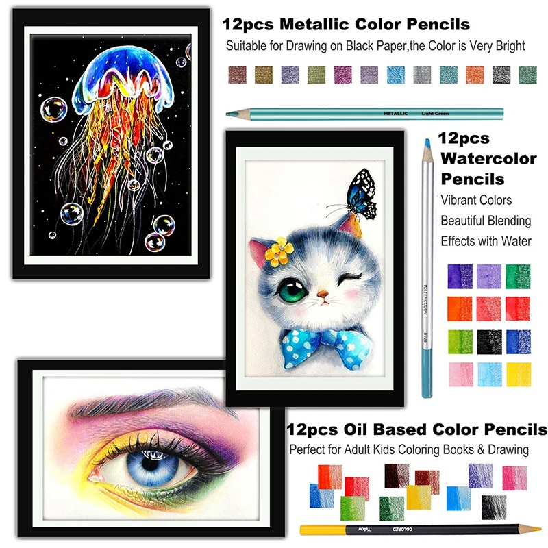 KALOUR Pencil Art Supply Set in Zippered Travel Case or Tin Box Pro Sketching Drawing Kit for Coloring Shading Blending