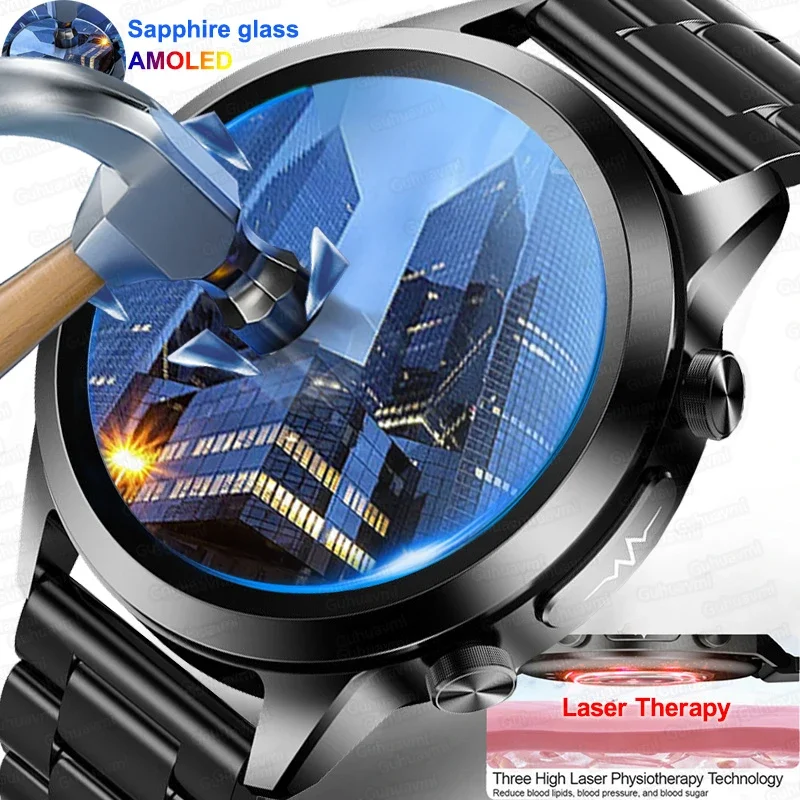 Nuovo Vetro Zaffiro Amoled Full Touch Screen Blood Sugar Smart Watch Men Trattamento Laser Ecg + Ppg Health Blood Pressure Smartwatch