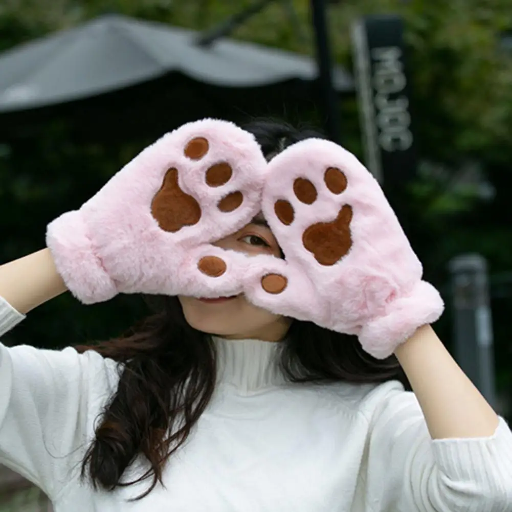 Student Gloves Warm Cozy Cartoon Cat Paw Mittens for Women Thick Plush Winter Gloves with Anti-slip Grip for Skiing Cycling Cat