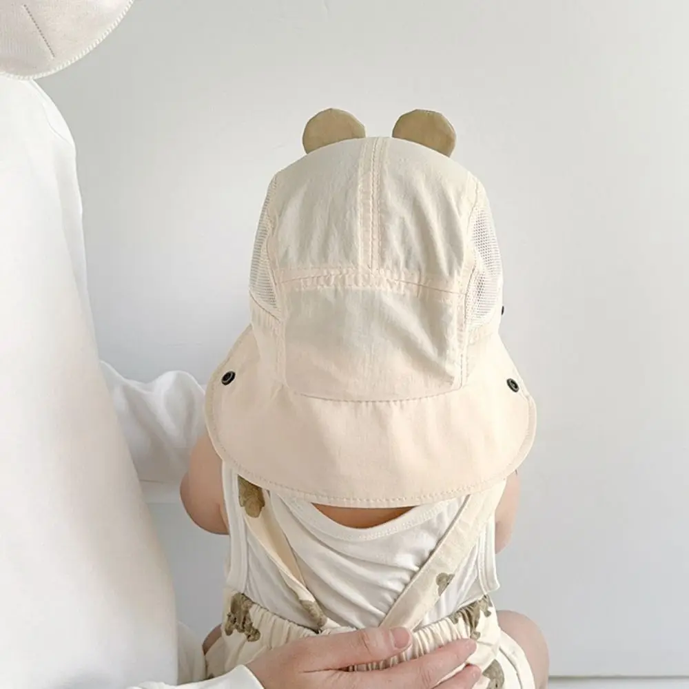 New Cartoon Bear Ear Summer Hat Embroidery Neck Protection Fisherman Hat Breathable Quick Dry Sun Cap Boys Girls