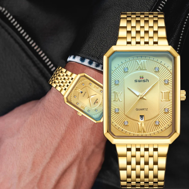

SWISH Luxury Rectangle Men Watch Business Wristwatch Roman Reloj Hombre Stainless Steel Waterproof Clock Calendar Date
