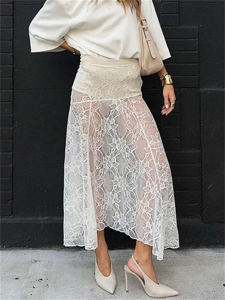 Lace Printed See-Through Long Skirt For Women High Waist