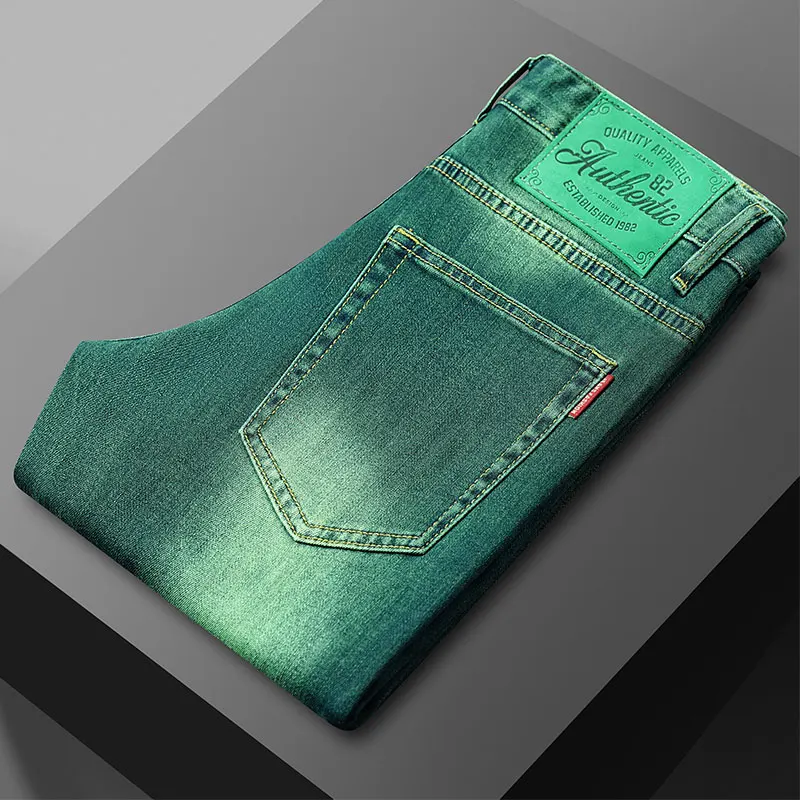 2024Summer emerald green jeans men's fashion simple high-end all-match stretch slim fit trendy casual nostalgic classic trousers