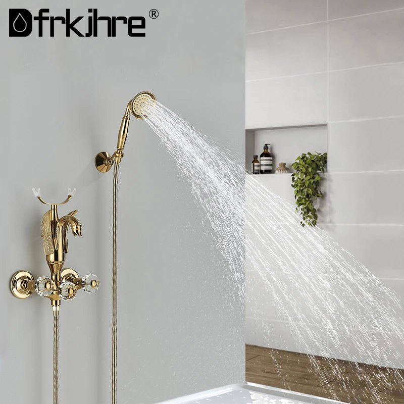 Bathroom Wall Mounted Bathtub Faucet Gold Swan Crystal Handle Bath Chrome Shower Faucet Hot Cold Water Mixer Tap