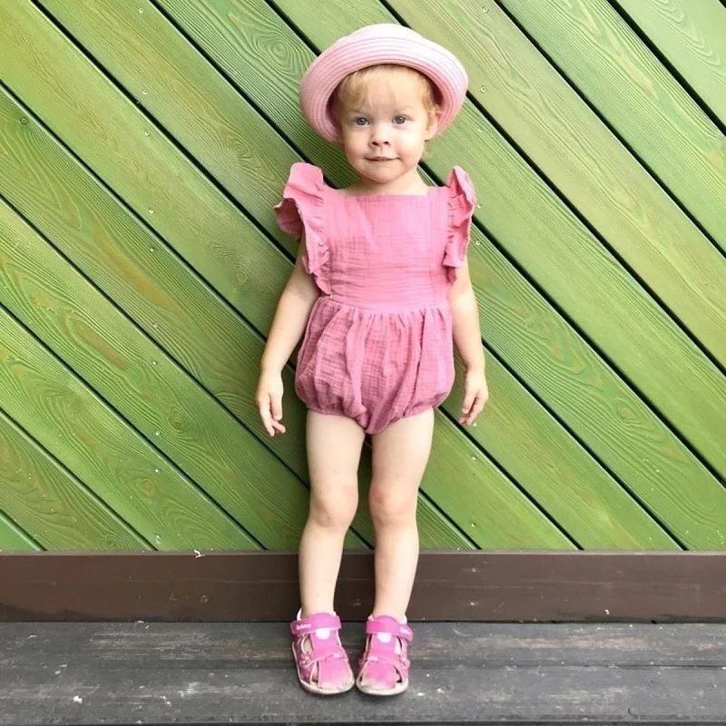 Organic Cotton Baby Girl Clothes Summer New Double Gauze Kids Ruffle Romper Jumpsuit Headband Dusty Pink Playsuit For Newborn 3M