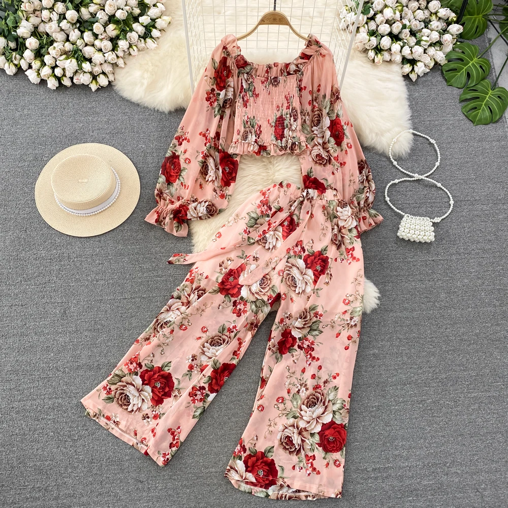 Fashion Set Women's  Long Sleeve Square Neck Slim Fit Chiffon Shirt 2 Two Pieces Suits Sets High Waist Slim Wide L