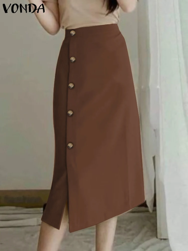 

Women Elegant Midi Skirts 2023 VONDA Fashion Autumn High Waist Solid Color Buttons Long Skirt Casual Slit Office Bottoms Femme