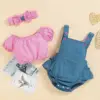 Baby Girl Plaid Short-Sleeved Top Denim Triangle Bag Bodysuits + Headscarf Romper Clothes Three-Piece Sets
