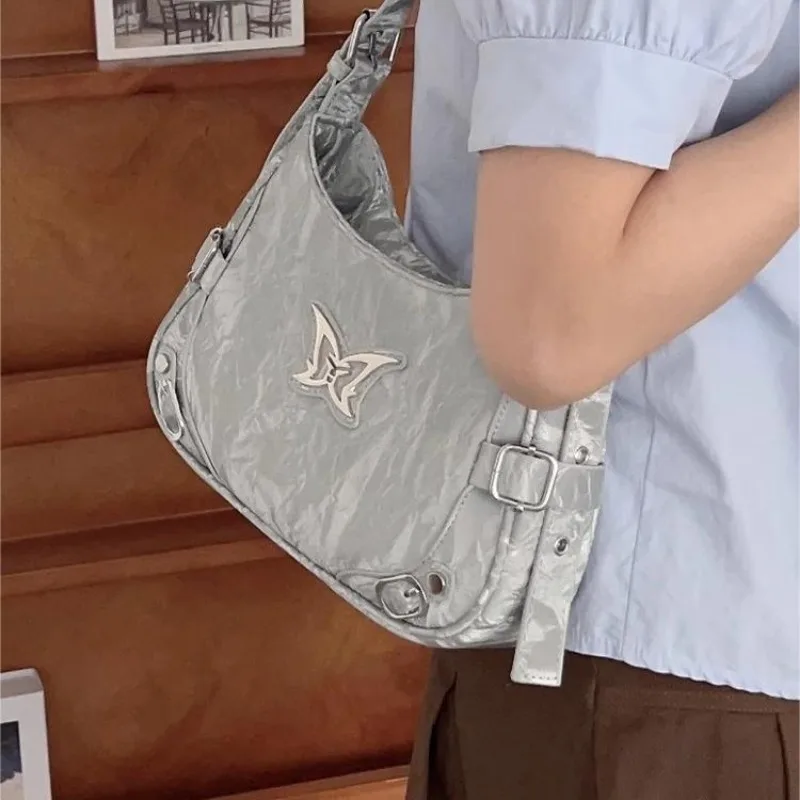 Xiuya Silver Y2k Womens Shoulder Bag Casual Aesthetic Literary Korean Style Fashion Handbag Summer Butterfly Leather Armpit Bag