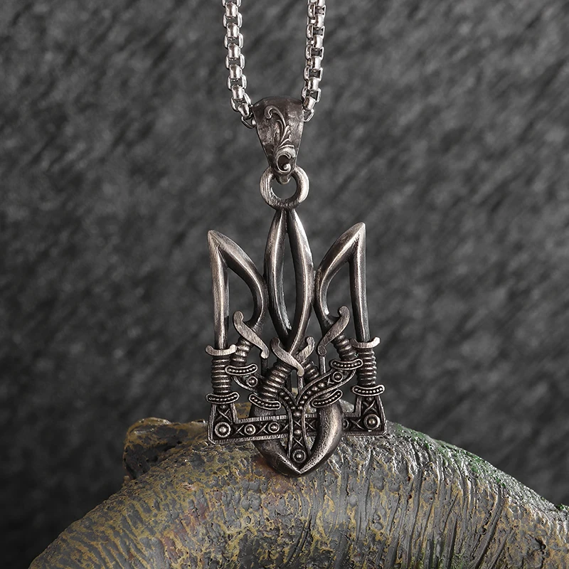 Retro Gothic Neptune Poseidon Trident Pendant Necklace Ukraine National Emblem Men's Amulet Good Luck Fashion Jewelry
