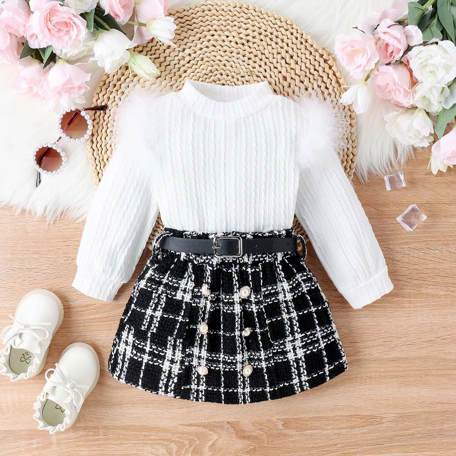 

0-4Y Newborn Infant Kids Baby Girls Clothes Sets Feather Trim Ribbed Long Sleeve Tops+Plaid Skirts Sets 2Pcs Fall Winter Outfits