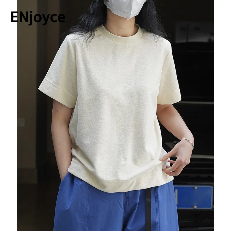 

2023 Spring Women Simple Retro Towel Round Neck Thick T-Shirts Female Casual Loose Short Sleeve Bottom Tee Pullovers Tshirt