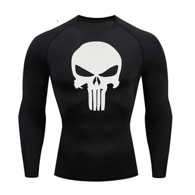 Sports Quick dry T-shirt Men's Running Long Compression Shirt skull Gym bodybuilding Top Short Summer Sportswear rashguard MMA