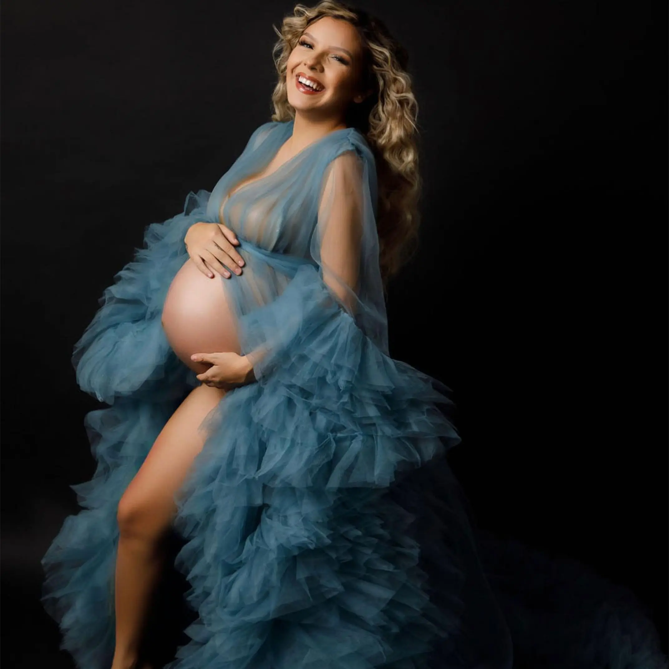 

Haze Blue Maternity Gowns for Photography Luxury Ruffles Long Sleeves Pregnancy Women Babyshower Photoshoot Robe Prom Party