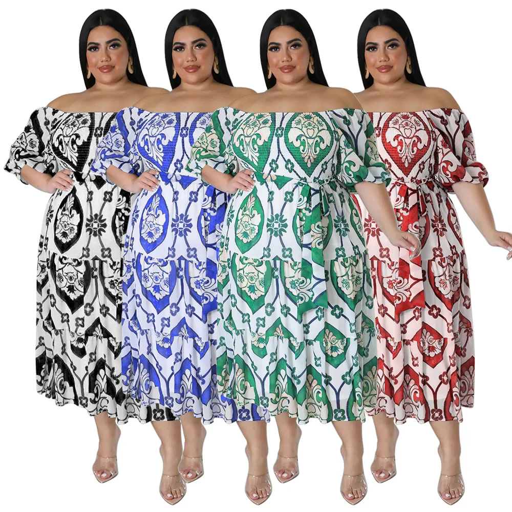 

Plus Size Holidays Printing Dress Summer Slash Neck Short Sleeves Fashion Casual Dresses High Waist Loose Gowns Wholesale