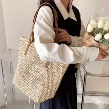 حقيبة كتف للشاطئ منسوجة صيفية فرنسية، حقيبة حمل مفردة بنمط مضفر، حقيبة ترفيهية للإبط، حقيبة تسوق كبيرة للنساء 6