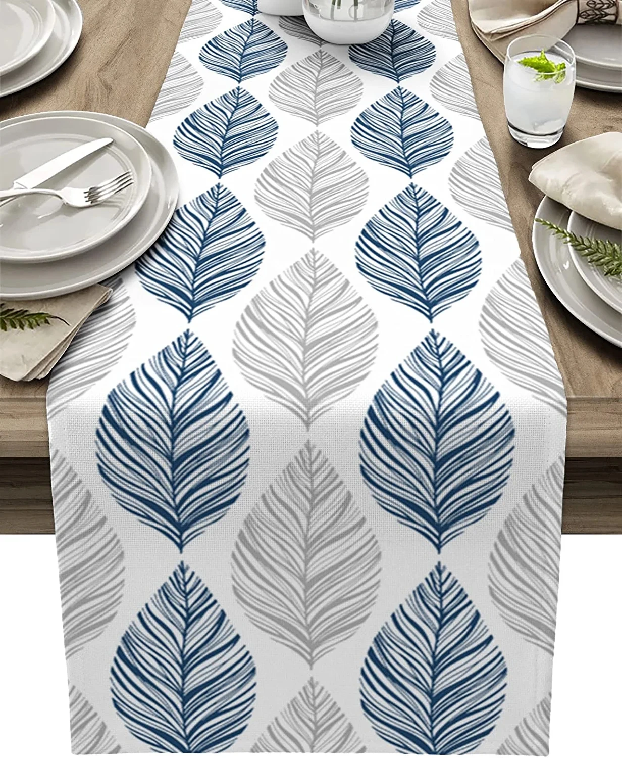 Navy Blue and Grey Leaf Texture Linen Table Runner Wedding Decortions Abstract Art Leaves Dining Table Runner Party Decor