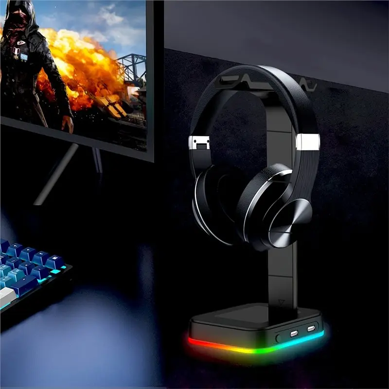 RGB 색상 변경 LED 게이밍 헤드셋 스탠드, 키보드 마우스 휴대폰 충전을 위한 듀얼 USB 포트가 있는 속도 조절 가능