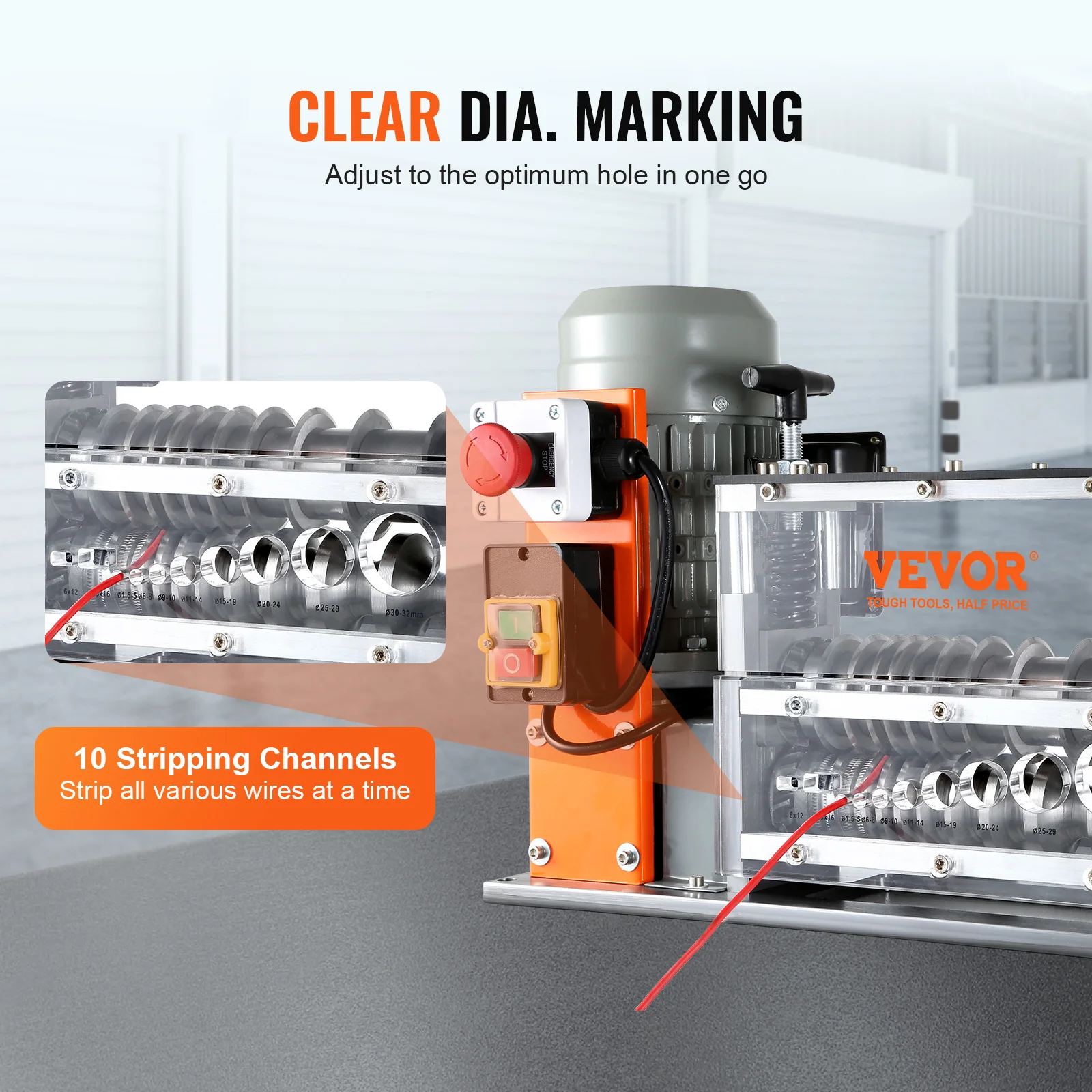 VEVOR Electric Wire Stripping Machine Cable Stripper Peeler 750W 1.5-32mm 10 Channels Acrylic + Aluminum Scrap Copper Recycling 5