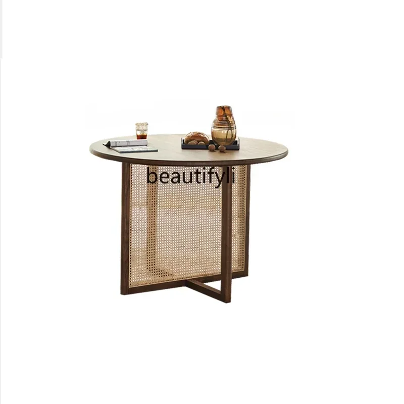 

Rattan Solid Wood round Dining Table Rattan Chair Combination B & B Coffee Table Simple Modern Dining Table furniture