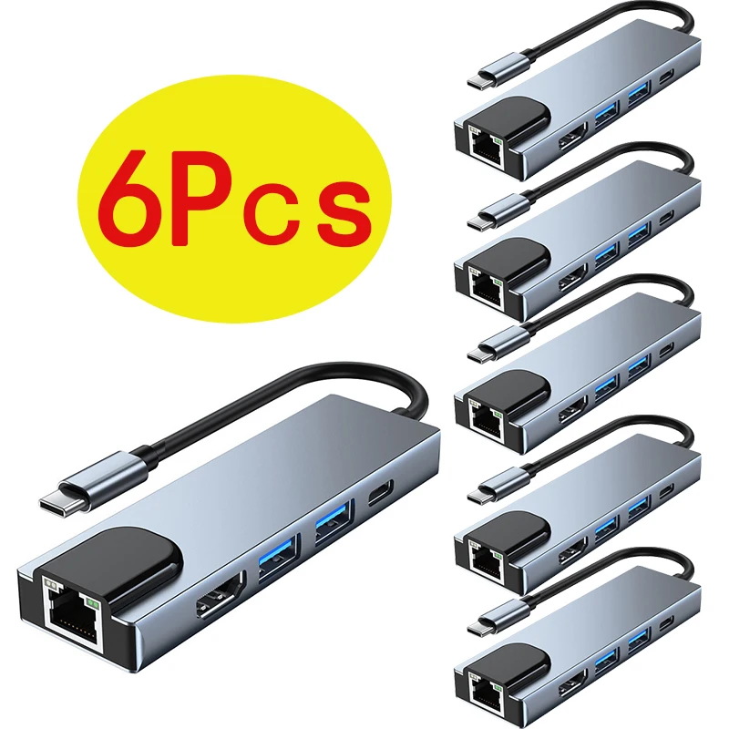 

6pcs 5 in 1 Type C USB 3.0 HUB Docking Station Type-C to Hdmi 4K Gigabit 1000M 100M Ethernet Rj45 Lan Adapter dock Converter