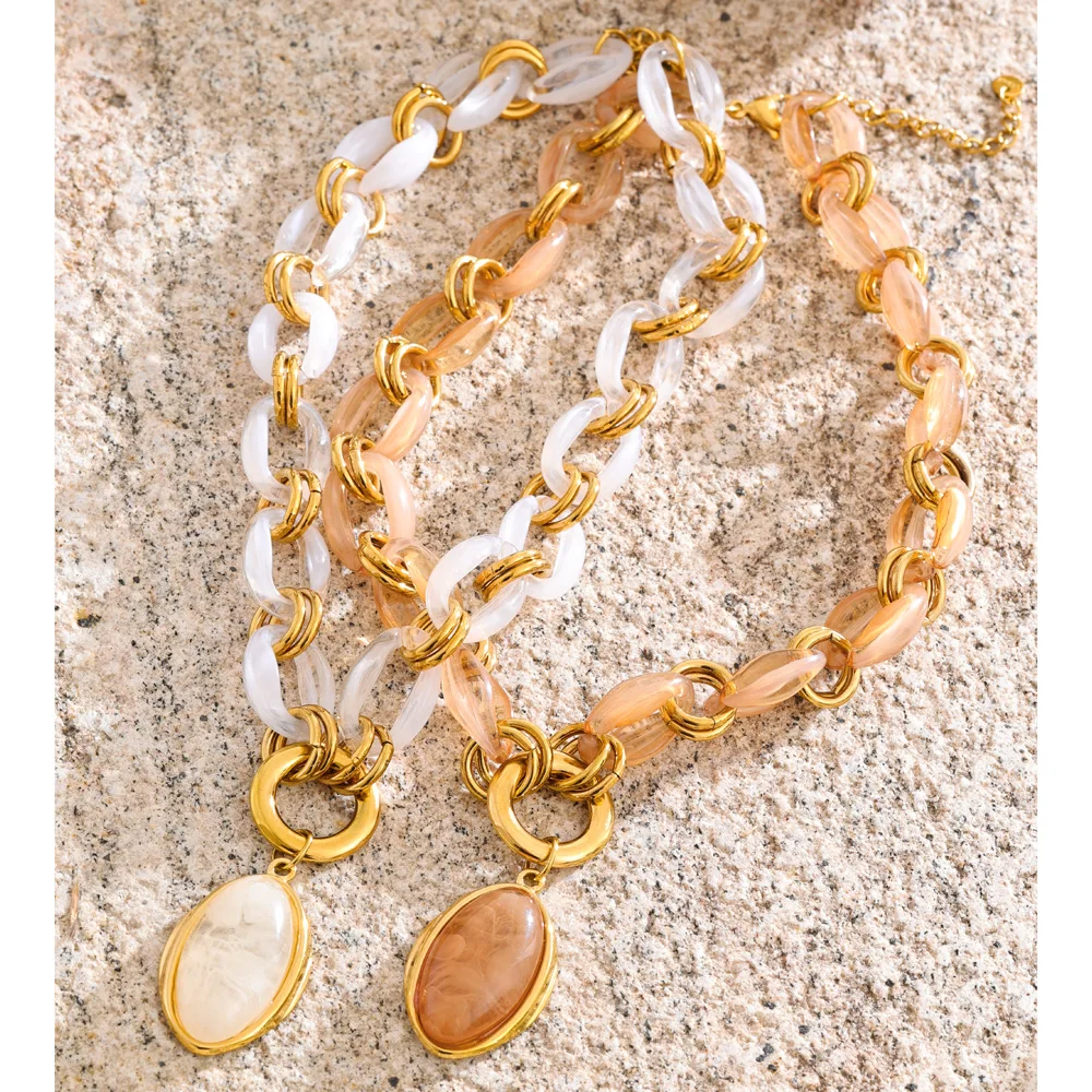 Yhpup Handmade Chain Oval Pendant Necklace 18K Golden PVD Plated