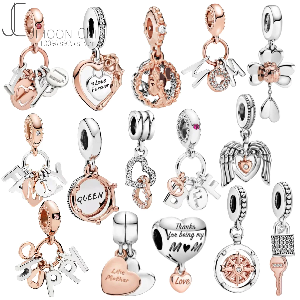 

100% Sterling 925 Silver Mix Style Rose Gold Crown Flower Robot Heart DIY Charm Bead fit Pando Bracelet Jewelry S925