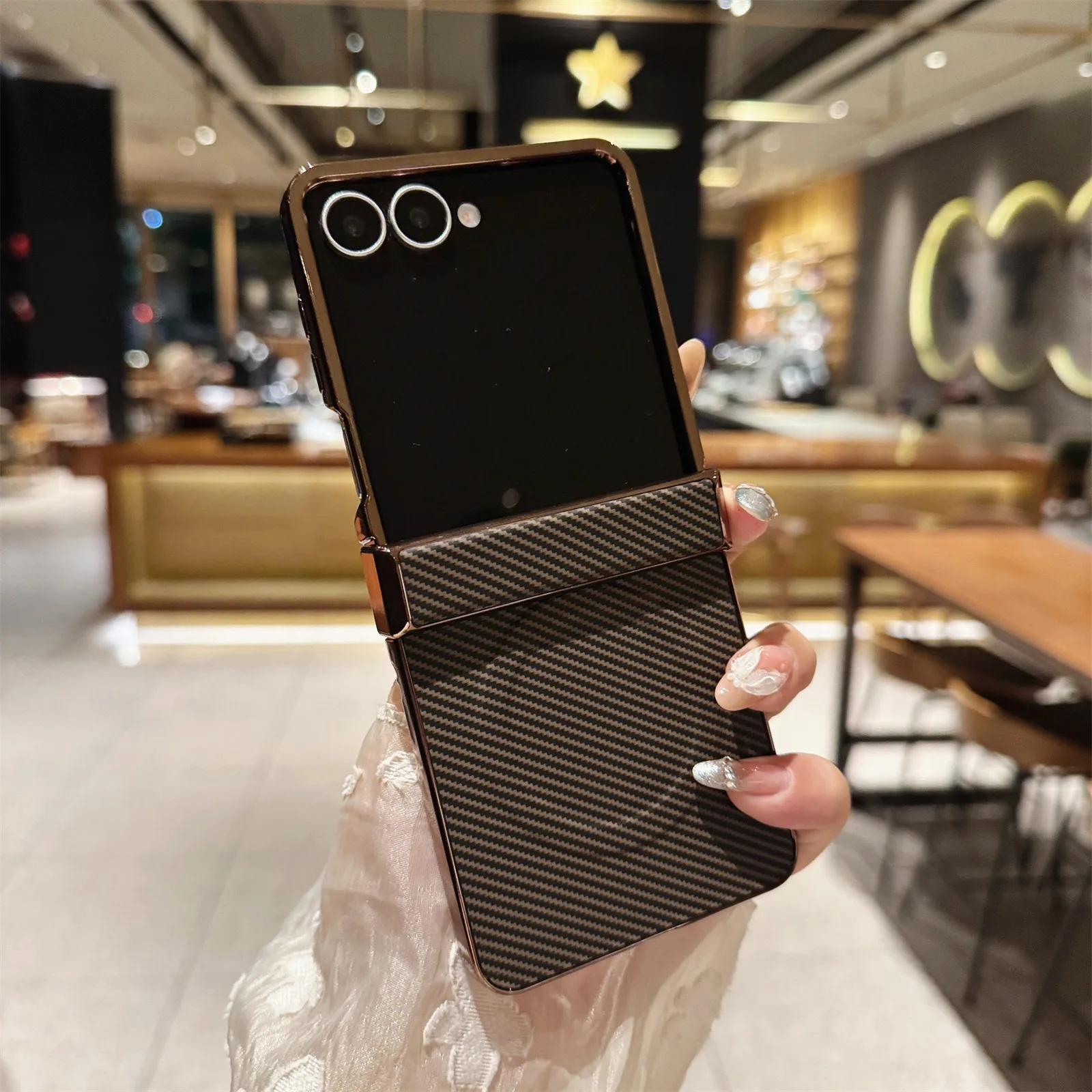 Carbon Fiber Magnetic Electroplated Slim Protective Phone Case with Hinge Guard