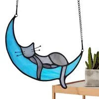 Stained Glass Cat On The Moon Window Hanging Ornament 2D Colorful Cat Loss Handicraft Glass For Cat Lovers Cat Decorations 2