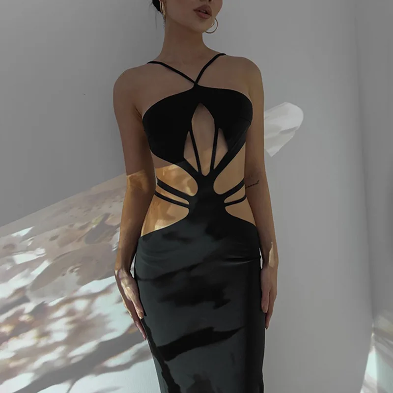 

Sexy Hollow Spaghetti Strap Long Dress Summer Black Backless Bodycon Women Maxi Fashion Dresses Party Club Evening Midi Dress