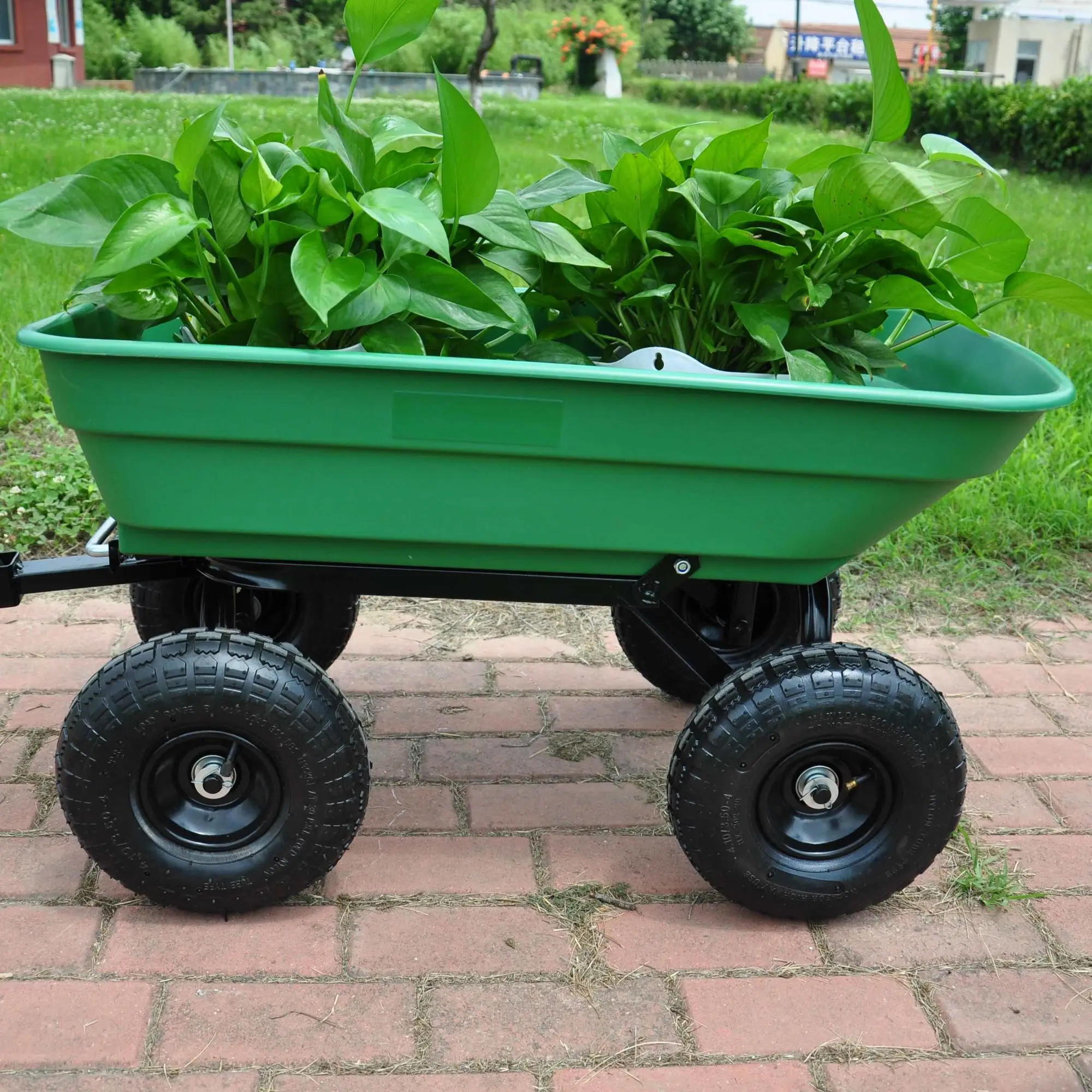 300 lb capacity body 55L Green Pneumatic tire, Folding car Poly Garden dump truck with steel frame, 10 inches.