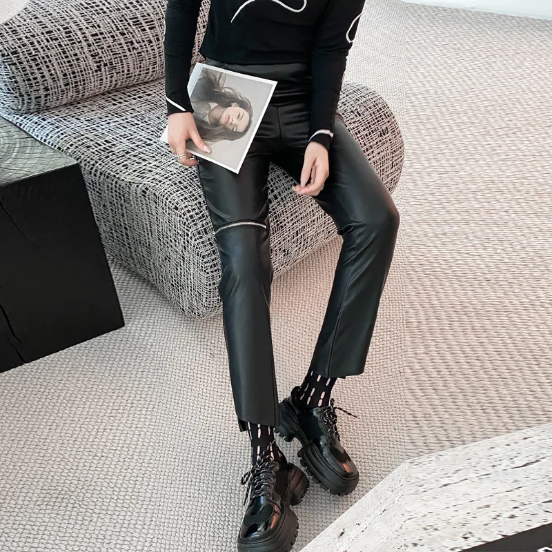 

Elastic High Waist Black PU Leather Pencil Pants Autumn Winter Women Streetwear Hip Hop Punk Slim Moto Skinny Trousers Girl 2219