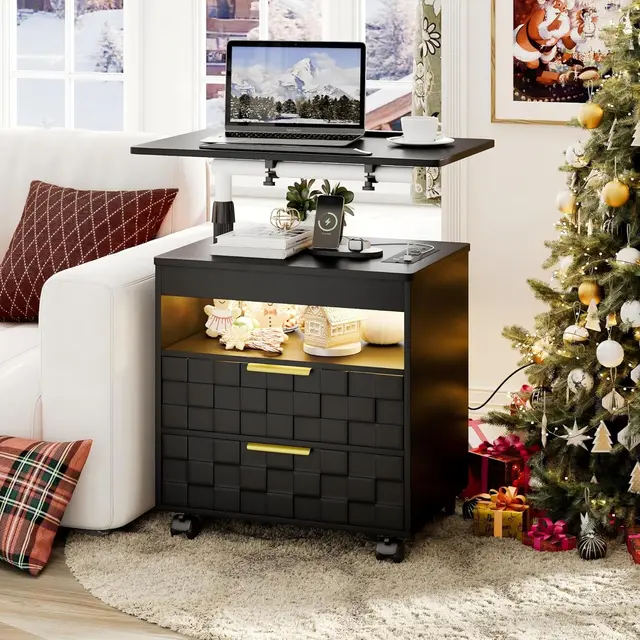 Height Adjustable Nightstand with Charging Station, LED Bedside Table 2 Drawers, Smart Wooden End Table Dorm, Customized