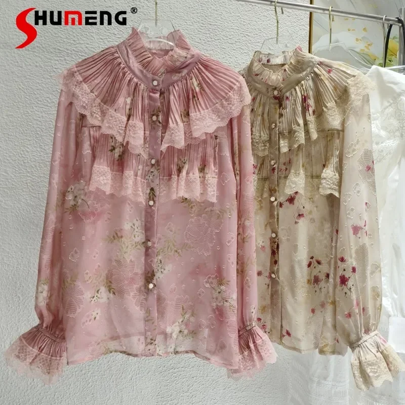 

Korean Style Age-Reducing Stand Collar Shirts 2024 Spring Fashion Lace Stitching Ruffled Floral Shirt Women Sweet Cute Clothes