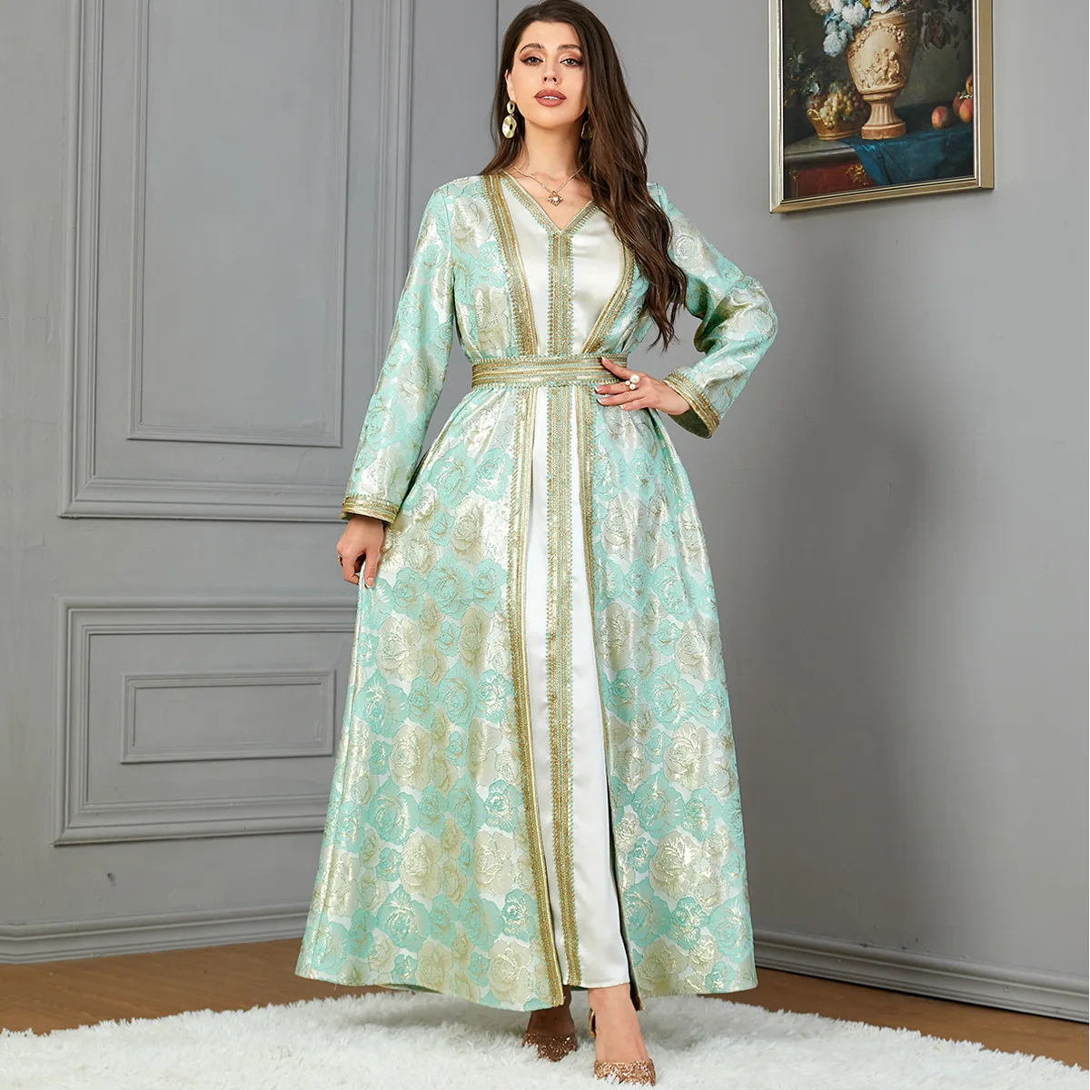 

Muslim Arab Autumn Winter Fashion Long Sleeve V-Neck Jacquard Belted Set Moroccan African Gulf Women Kaftan Ramadan Eid Dress