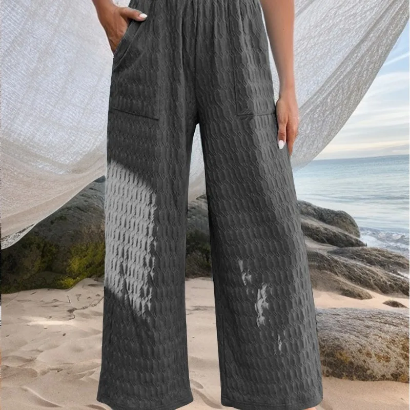 Spring and Autumn Women's Solid Color Elastic Patch Pocket Mid Waist Long Loose Fit Straight Sleeve Fashion Elegant Pants