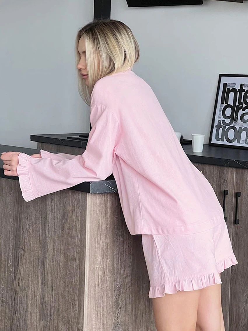 Marthaqiqi Cotton Women'S Sleepwear Suit Sexy Turn-Down Collar Nightwear Long Sleeve Nightgowns Shorts Casual Ladies Pajamas Set