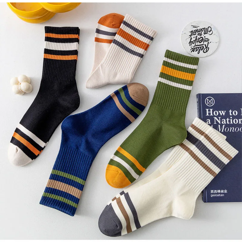 5 Pairs Men Autumn And Winter Striped Sports Socks Comfortable Breathable Wear-resistant Warm Polyester Cotton Mid Tube Socks 15 S5c0104e420a54cc1b11c239495a6e6beh