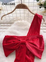 CHILLGIO Women Christmas Velour Strappy Rompers Fashion Bow Tight One Shoulder Catsuit Sexy Solid One Piece Combination Bodysuit - Image 3
