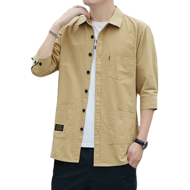 

New pure cotton three-quarter sleeve men's shirt Hong Kong style casual half-sleeved shirt multi-pocket versatile shirt for men
