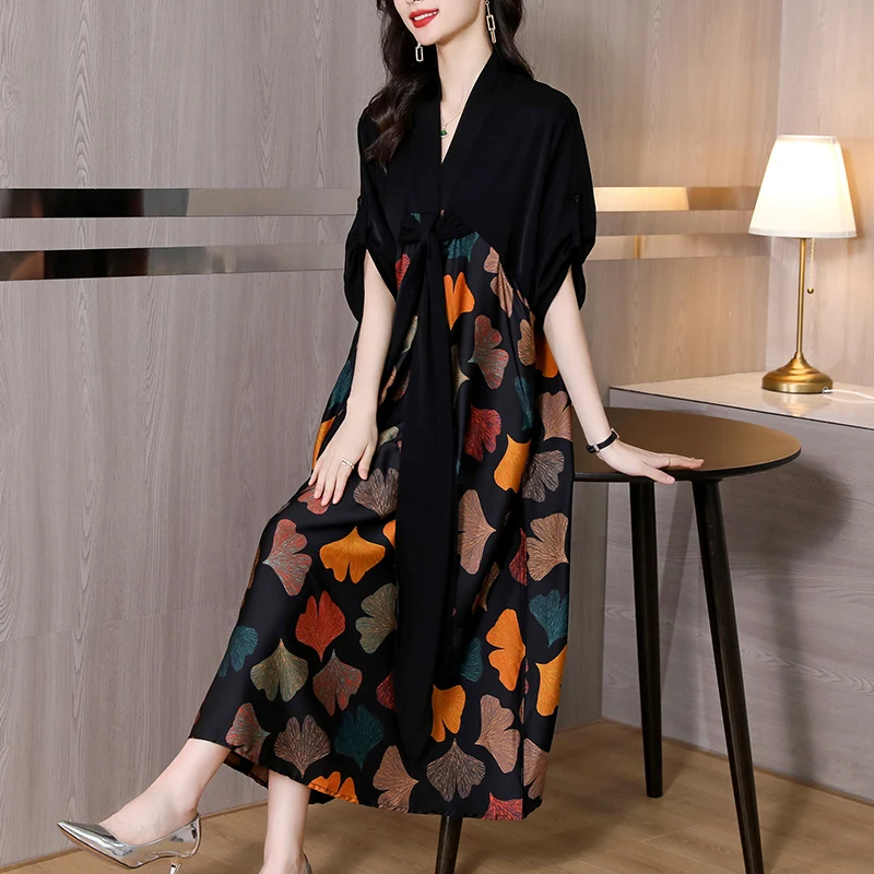 

2024 Floral Silk Loose Waist Beach Midi Dress Women Summer Luxury Elegant Party Vestido Korean Elegant Vintage Casual Prom Dress