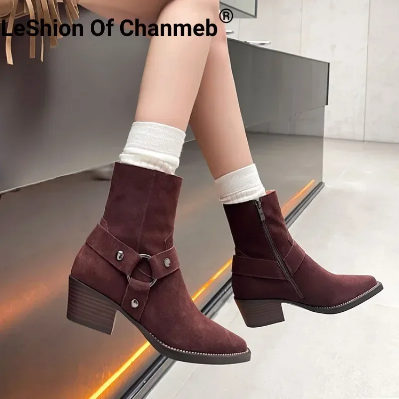 

LeShion Of Chanmeb Women Cow Suede Boots Punk Metal Belt Western Cowboy Boots Lady Burgundy PointToe Zipper Shoes Vintage Winter