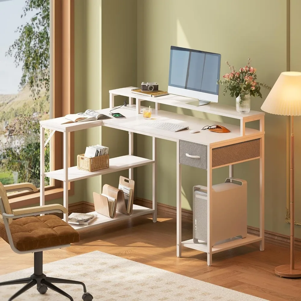 

47 Inch L Shaped Gaming Desk with LED Lights Reversible Computer Desk with Shelves & Drawer, Corner Desk Home Office Desk, White