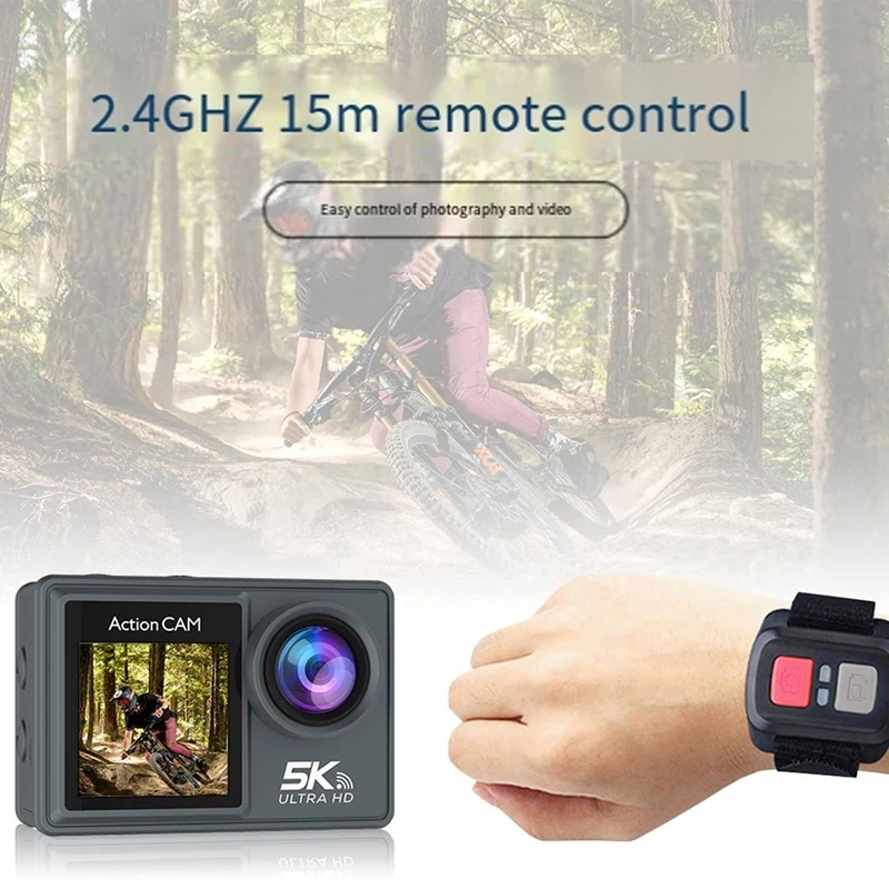 Wifi 손떨림 방지 액션 카메라, 리모컨 장착, 30M 방수 스포츠 카메라, 5K 30FPS 듀얼 스크린, 170 ° 광각, ABS